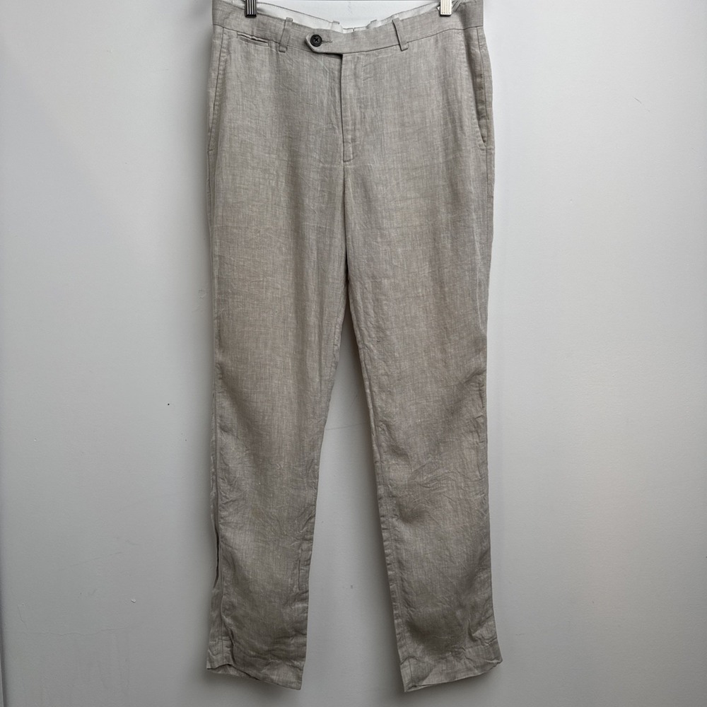 H&M Full Linen Pants 34 Beige Sand Slim Fit Summer Casual Beach Belted Mens